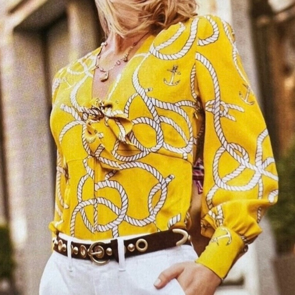 CAbi Yellow Nautical Rope Print Tie Neck Blouse Anchor Pattern Top Small